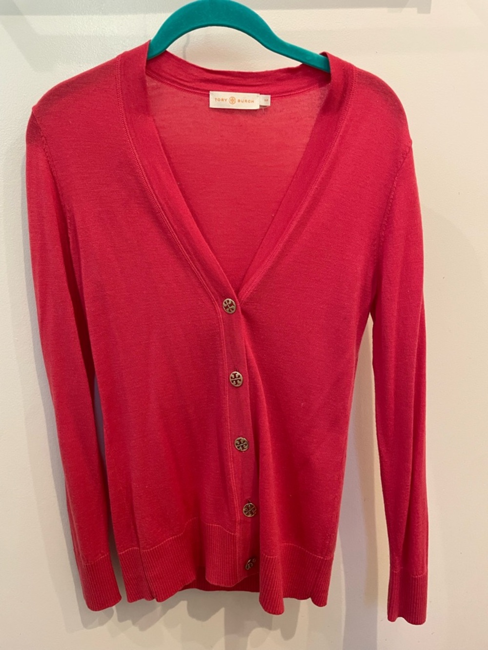 Tory Burch Simone Pink 100% Merino Wool Cardigan W/ gold buttons